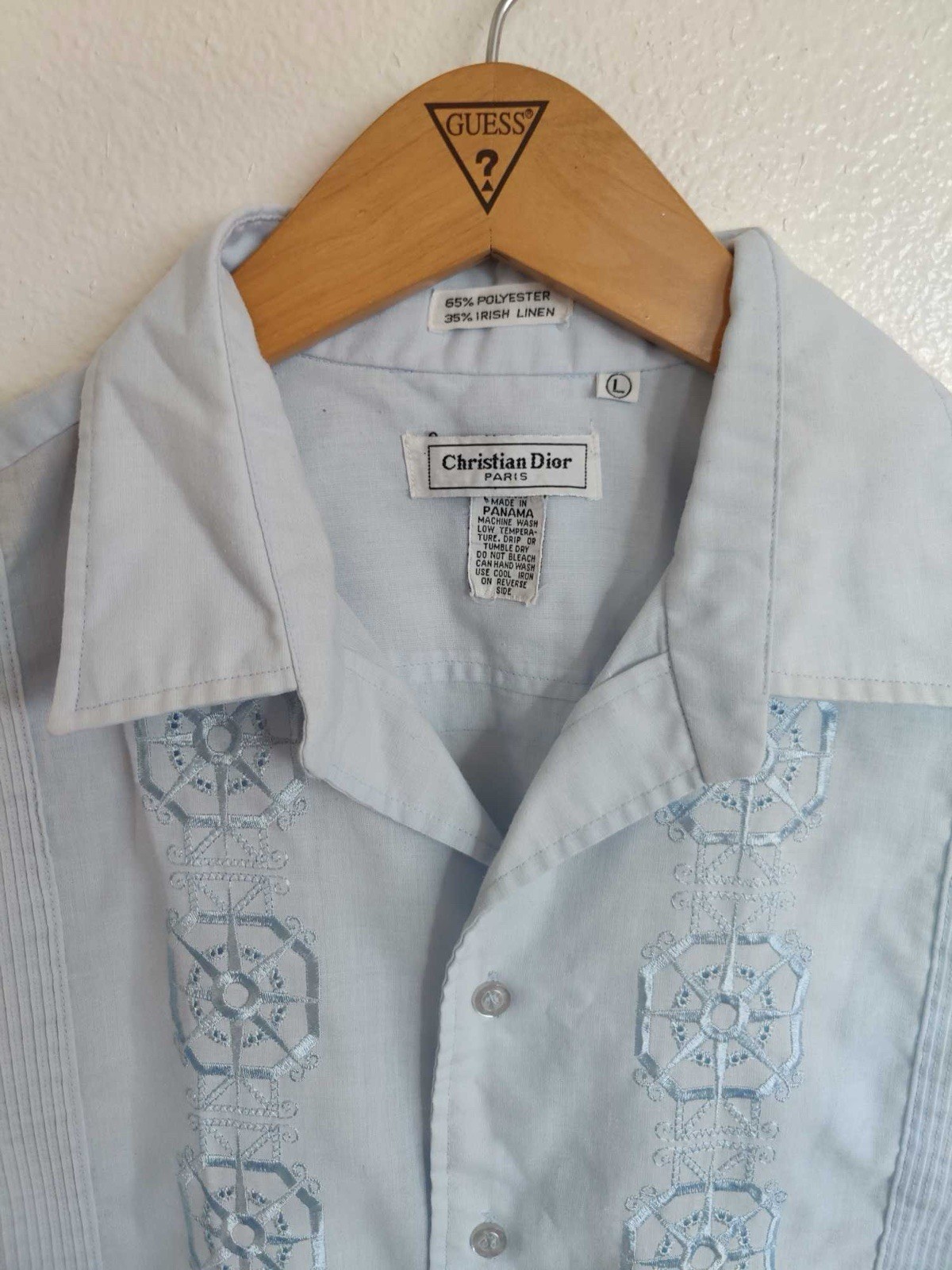VTG Christian Dior Paris Polyester Irish Linen Long Sleeve Shirt Size L Sky Blue image 2