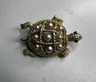 VTG Turtle Brooch Gold Braids Pearls Shell Costume Jewelry Pin Reptile Animal
