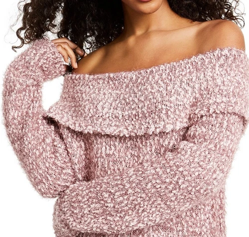 Freshman Juniors' Off-The-Shoulder Fuzzy Sweater Pink Size Small - Picture 2 of 3