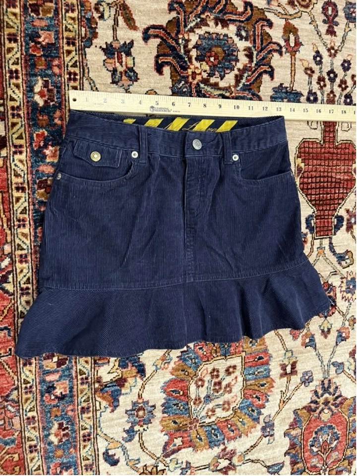 Vintage Young Girl Ralph Lauren Corduroy Blue Mini Skirt with Gold Patch Size 14 - Image 4 of 4