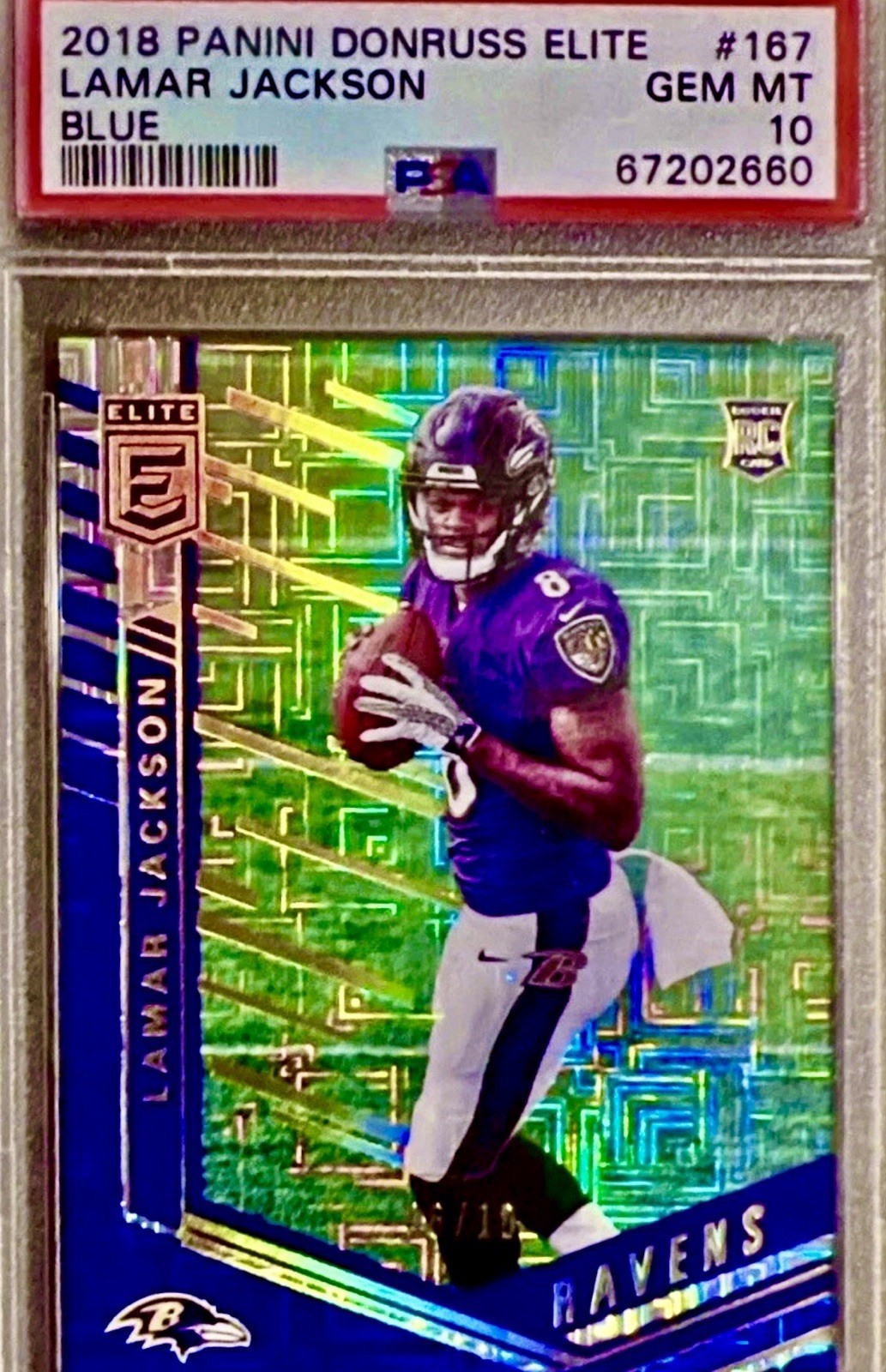 /10 PSA 10 RC Lamar Jackson 2018 Elite Blue Checkerboard Refractor Rookie Holo