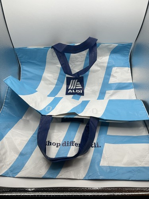 #ad Aldi Store Reusable Tote Bag 2 Pc Large 16x19 Blue White Striped $21.99