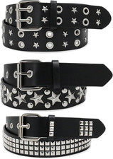 3 PCS Black Studded Belt Y2K Star Goth EMO Punk Rock Double Grommet Belts