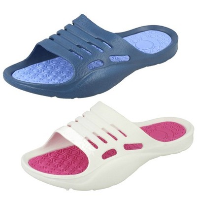Spot On Damen Sandalen Slipper Mules Casual Weiß/Fuchsia Navy/Blau
