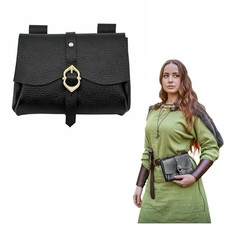 Medieval Genuine Buff Leather Belt Pouch Renaissance Costume Waist Bag Black