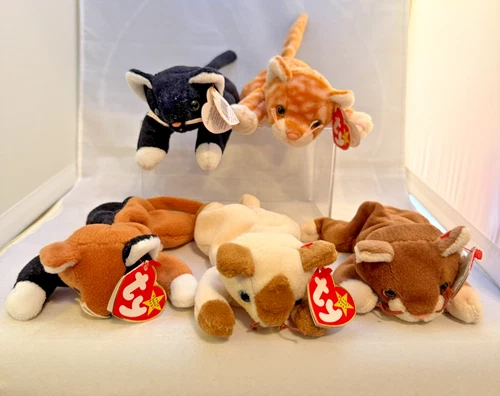 Lot Of 5 Vintage TY Cat Plush Beanie Babies-ZIP-AMBER-CHIP-POUNCE-SNIP