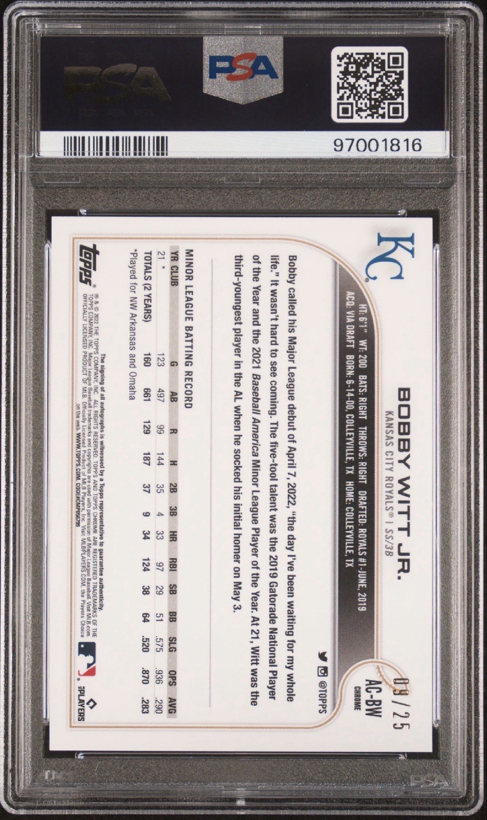 2022 Topps Chrome Update BOBBY WITT Orange #/25 Refractor Auto PSA 9 view 2