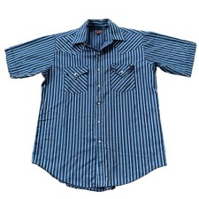 Vintage Plains Western Wear Shirt Mens M Blue Stripe Pearl Snap Short Sleeve