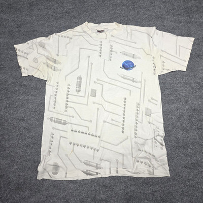Vintage Intel Graphic T-Shirt Men's Large White AOP Double Sided Single Stitch