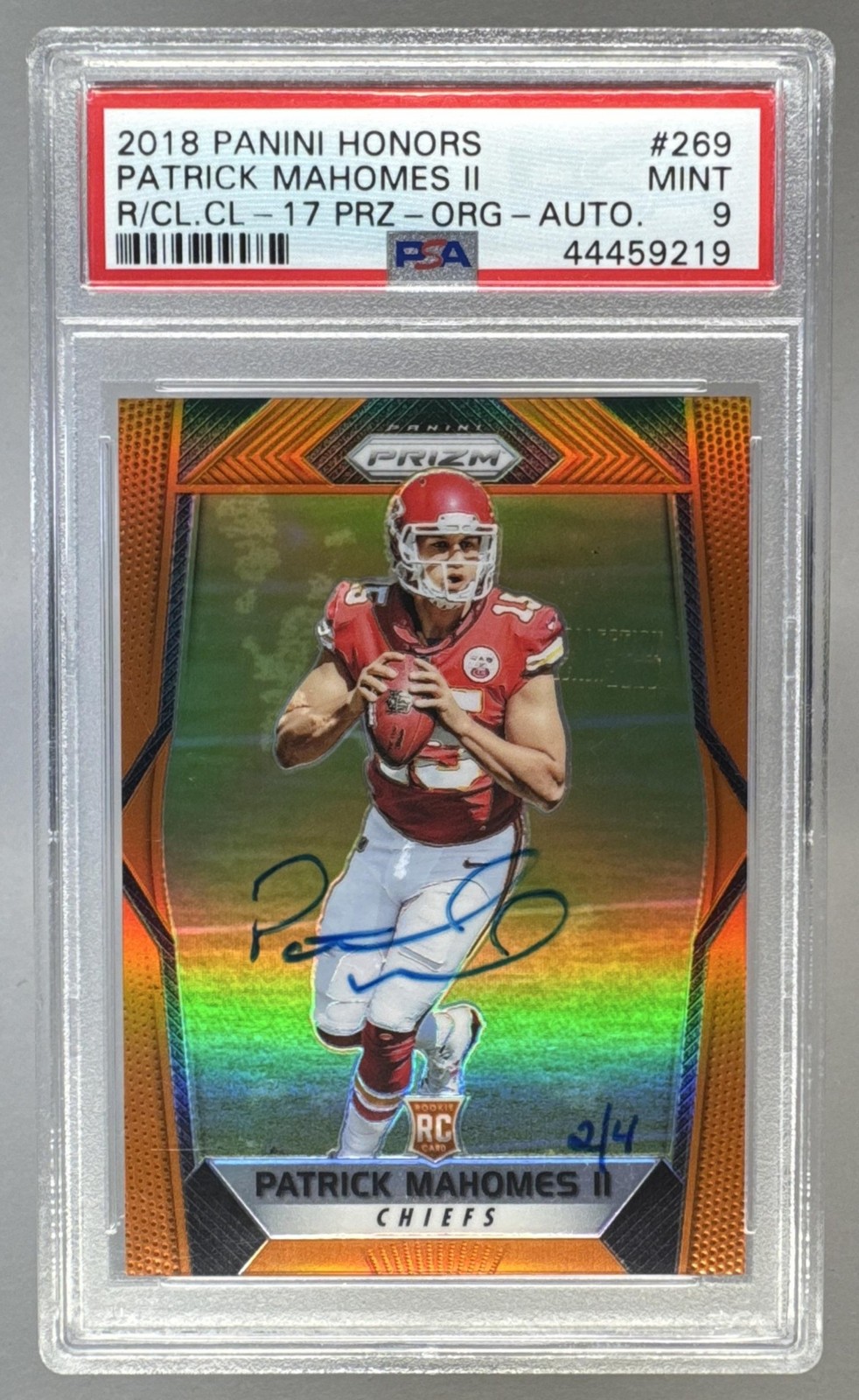 Patrick Mahomes 2018 Panini Honors Recollection 17 Prizm Orange RC Auto /4 PSA 9
