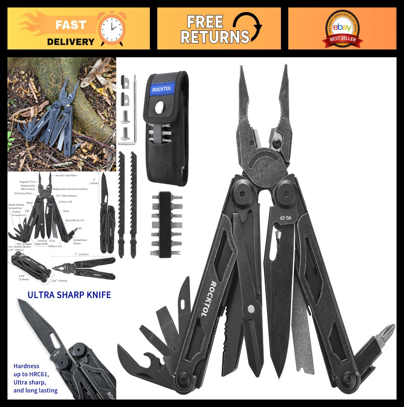 29-in-1 Heavy-Duty Multitool Pliers with VG-10 Blade, Replaceable Wire Cutters &