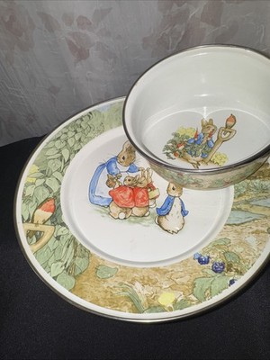 Golden Rabbit Beatrix potter plate bowl set/Enamelware