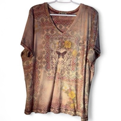 Unity World Wear Butterfly Floral Boho Embellished V-Neck Top Size 2X 