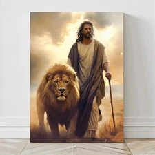 Jesus Walking with Lion of Judah Canvas Wall Art, Jesus Poster, Christian Decor