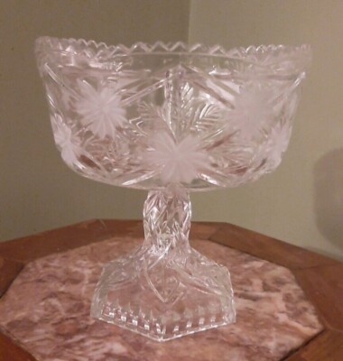 Vintage Lead Crystal Diamond Etched Floral Scallop Rim Candy Compote Dish