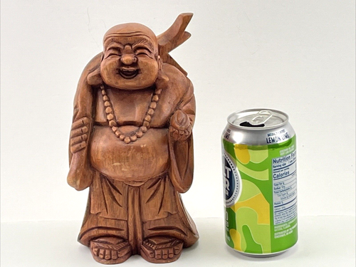 Buddha Hotei Buddha Hotei Buddha portafortuna in legno intagliato a mano vintage 8"H, marcato - Foto 11 di 11