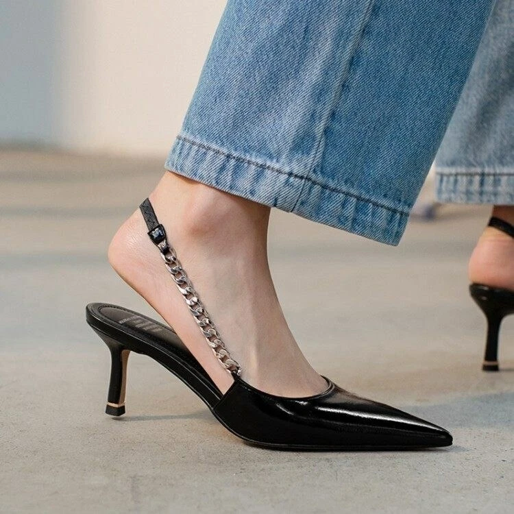 Women Sexy Slingbacks Pumps Pointed Toe Chain High Heels Stilettos Party Shoes