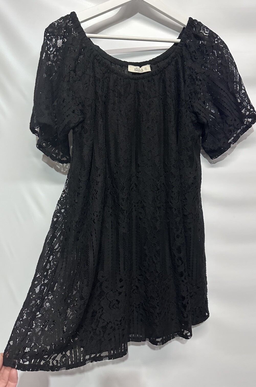 Glam Black Lace Tunic Mini Dress Short Sleeve Lined Made in USA