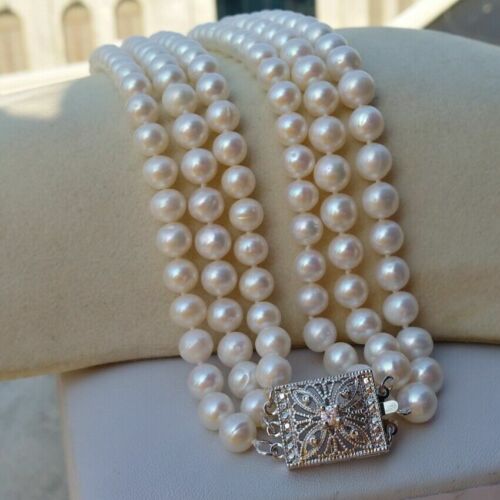 Triple Strands Natural South Sea White Pearl Necklace 18"19"20" Classic Wearing - Picture 4 of 7