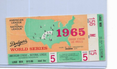 1965 World Series Game 5 Ticket stub Dodgers SANDY KOUFAX SHUTOUT