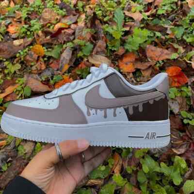 Nike Air Force 1 Custom White Shoes Light & Dark Brown Drip Swoosh Mens Womens