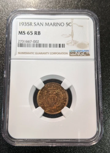 1935 MS65 RB San Marino 5 Centesimi NGC KM 12 UNC only 2 graded higher!