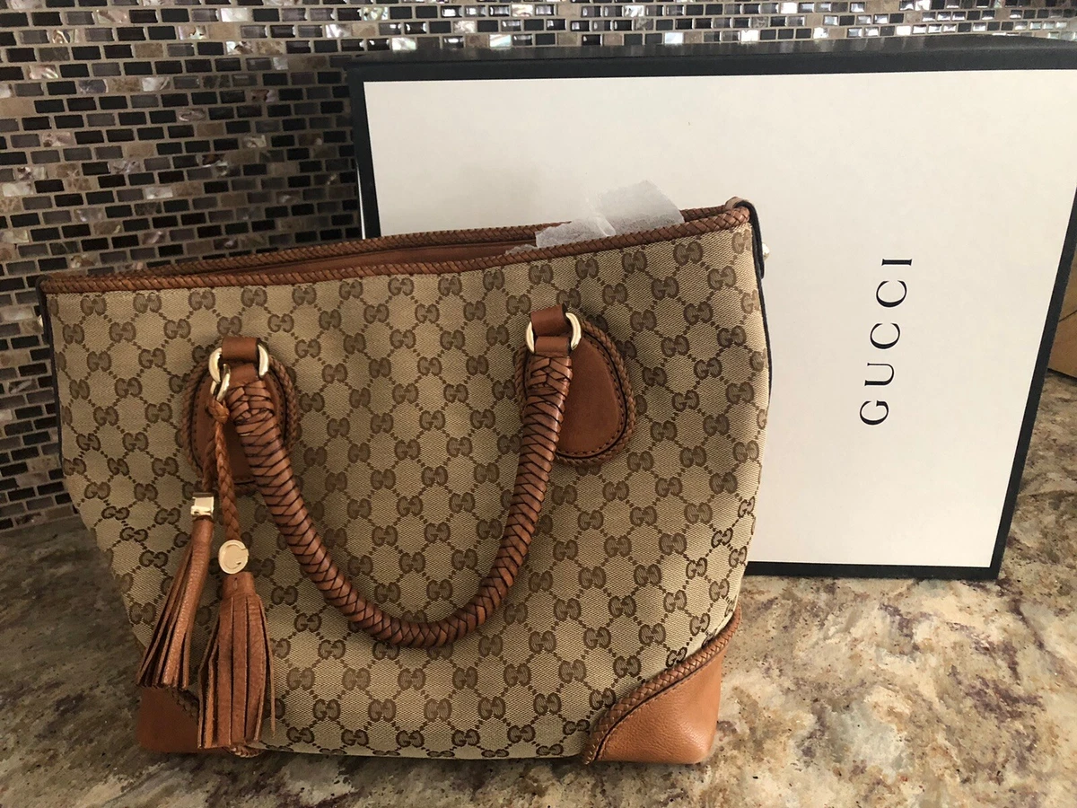 Gucci GG Canvas Marrakech Tote Bag Purse 257023 467891 Beige Brown Tassel  W/ Box | eBay