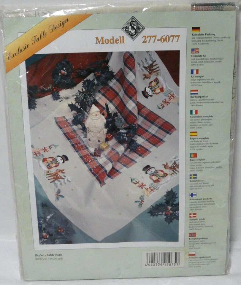 Christmas Tablecloth 36" x 36" Red Plaid Center Snowman Deer Stamped Embroidery - Image 2 of 4