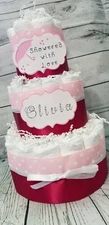 3 Tier Diaper Cake -Pink Blue White Custom Showered with Love Theme Diaper Cake