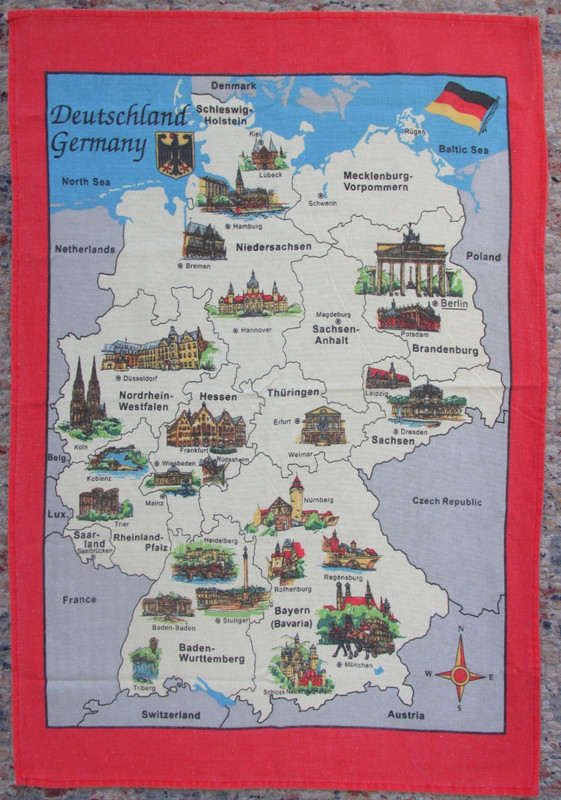 Vintage Deutschland/Germany Map Tea Towel~100% Cotton~18-1/2 W x 26-1/2~Souvenir