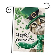 Happy St Patricks Day Garden Flag for Outdoor,Cat with Hat Scarf Shamrock Green