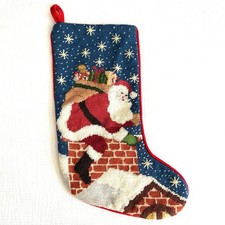 Vintage Wool Needlepoint Christmas Stocking Santa Climbs Down Chimney Toys EUC