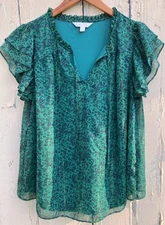 Lauren Conrad Women’s Size M Lined Tie Blouse Emerald Green Navy Flutter Sleeve