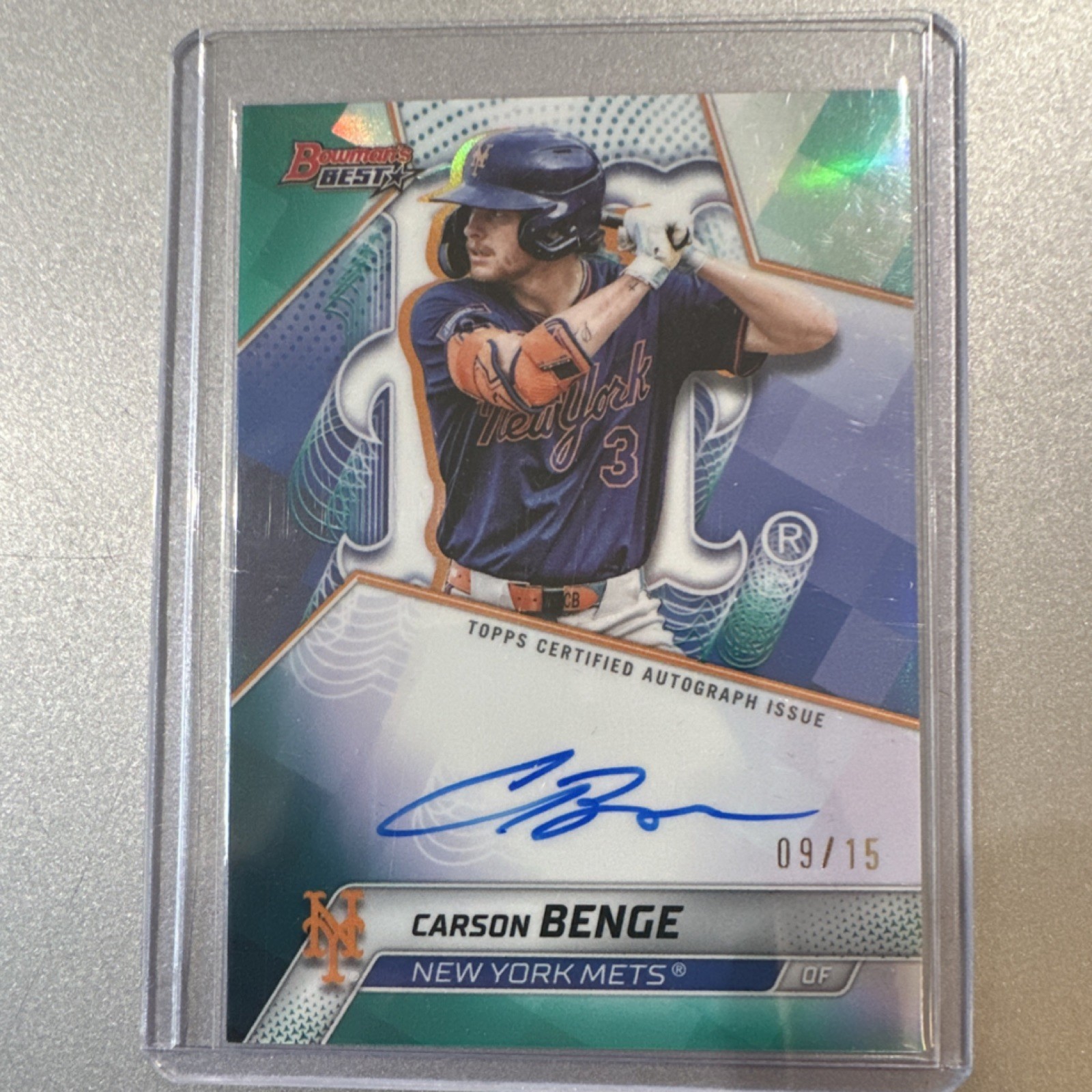 2024 Topps Bowman's Best Carson Benge Rookie /15 Mets Teal Refractor Autograph