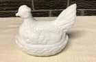 Vintage White Milk Glass Hen on Nest Covered Dish 6"