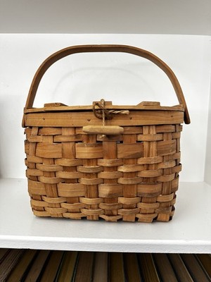 その他 vintage wood picnic basket Vintage Handwoven Wooden Picnic Basket with Lid & Handle | eBay
