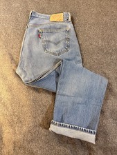 Vintage Levi's 501 Rare Blank Red Tab Jeans 38x33 Blue Faded Straight Leg Denim