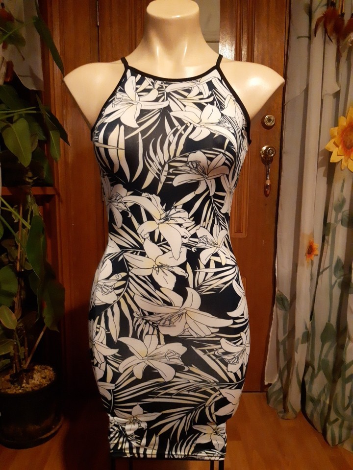 WOMENS Sz S Black Yellow & White ICE Stretchy Floral Mini Dress COOL!
