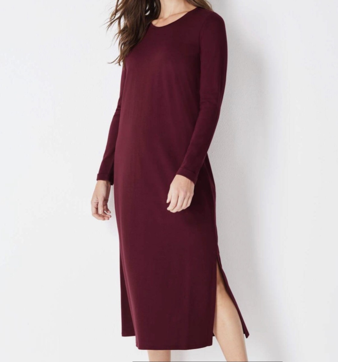J. Jill ~ L ~ NEW Sleep Ultrasoft Cuffed-Sleeve Gown ~ Solid Bordeaux ~ NWT