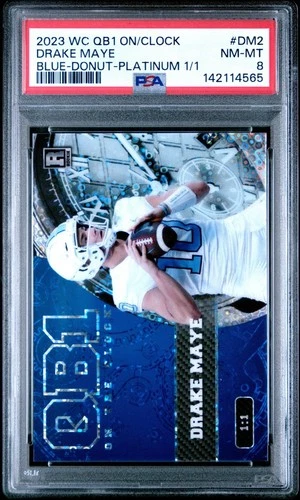 Drake Maye RC 2023 Wild Card QB1 Blue Donut Circles Platinum 1/1 PSA 8