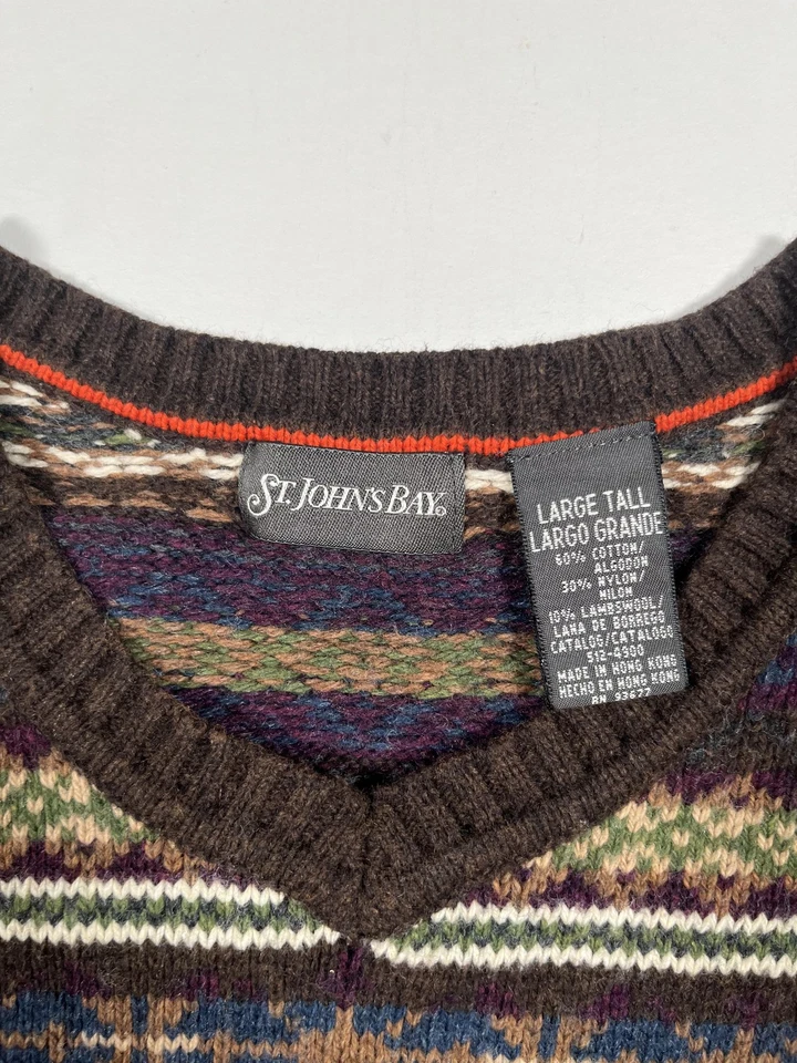 St Johns Bay Sweater Mens Large Tall Brown Multicolor Knit Pullover - Image 3 of 4