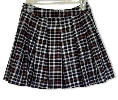 Gianni Bini Plaid High Waist Skirt Women's 4 Brown Skater Mini Pleated Twee