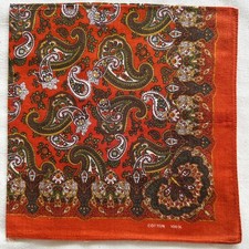Vintage Bandana Orange Cotton Paisley Flourish Damask Pattern Handkerchief 19"