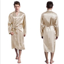UK Men Long Satin Silk Pajamas Kimono Bathrobe Robe Dressing Gown Pjs Loungewear