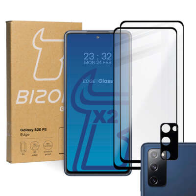 Gehärtetes Glas Bizon Glass Edge - 2 Stück + Kameraschutz Galaxy S20 FE Schwarz