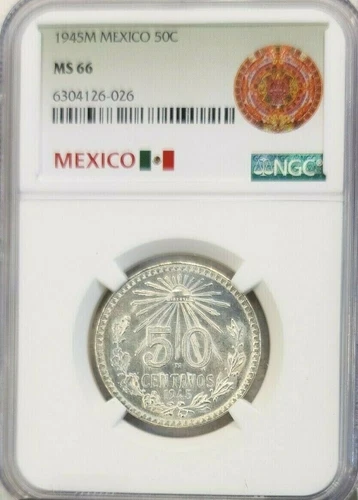 1945 MEXICO SILVER 50 CENTAVOS 50C NGC MS 66 PQ LUSTER BRIGHT GEM BU BEAUTY