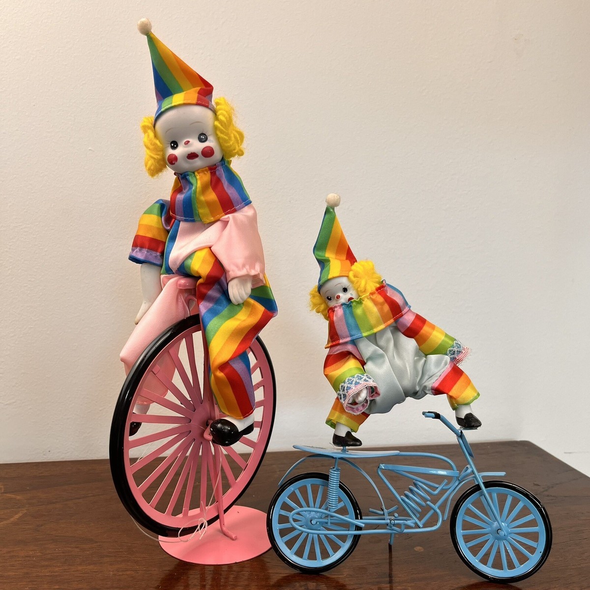Vintage Adorable Circus Clowns Riding Bike Unicycle Set Of 2 Child