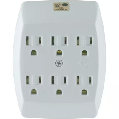 White 2 Outlet into 6 Outlet Adapter Grounded Wall Tap Indoor
