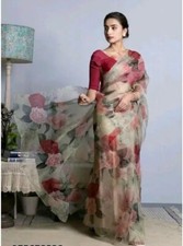 Designer Indian Organza Saree With Unstitched Blouse Piece For Women's
