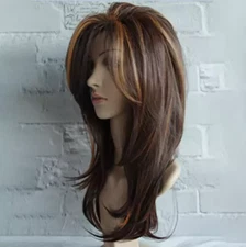 NEW Women Dark Brown w/Gold Highlight Ombre Shoulder Length Curly Hair Wig****